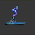 Vibrant Decorative Tree Sculpture With Purple Trunk Blue Canopy Pink Blossoms And Green Moss