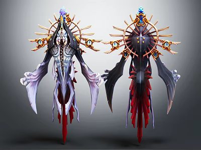 Dual Sided View Of Fantasy Characters And Mythical Creatures With Halo Like Structures Golden Ornaments 3d model