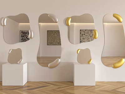 Irregular Shaped Mirrors With Gold Accents On White Pedestals Light Wall And Herringbone Wood Floor 3d model