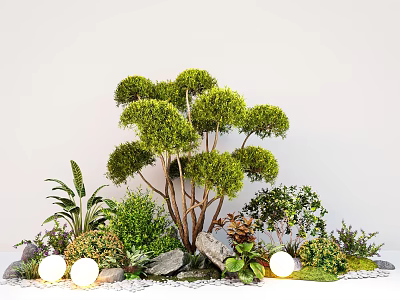 Garden Landscape Design With Shaped Trees Green Bushes Stones And White Spherical Lights 3d model