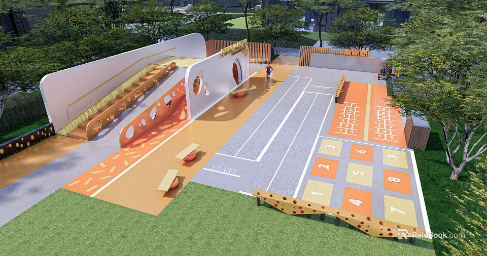 Vibrant Kids Playground With Number Grid Floor Climbing Wall And Seating Benches 3d model 