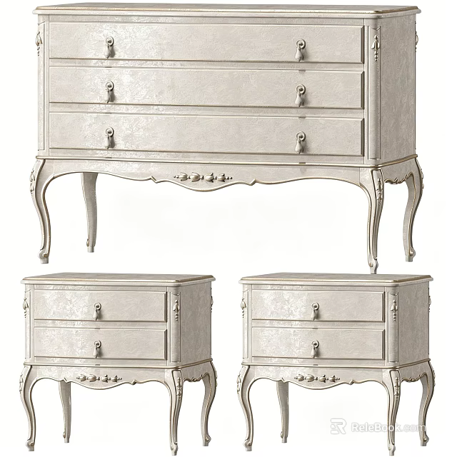 Elegant Classic White Nightstand With Drawers And Carved Legs Design 3d model 