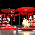 Elegant Red Themed Display Setup With Umbrellas Pictures And Lantern Decorations 3d model