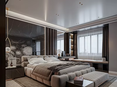 Modern Luxury Bedroom Interior Design With Large Bed Area Rug And Curtains 3d model