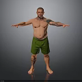 Shirtless Bald Man With Tattoos Wearing Green Shorts Standing With Arms Outstretched Against Gray Background