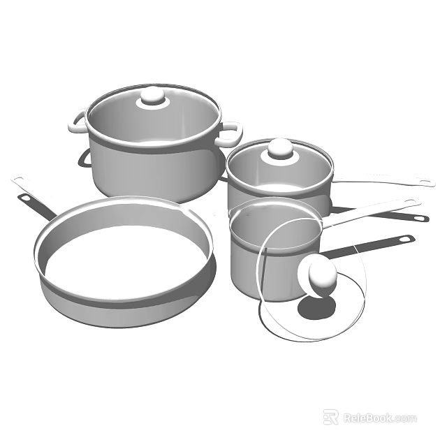 Essential Cookware Set Including Large Pot Small Pot Frying Pan And Lids 3d model 