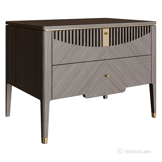 Modern Gray Wooden Bedside Table With Slatted Drawer Front And Gold Metal Legs For Bedroom 3d model 