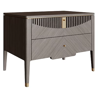 Modern Gray Wooden Bedside Table With Slatted Drawer Front And Gold Metal Legs For Bedroom 3d model