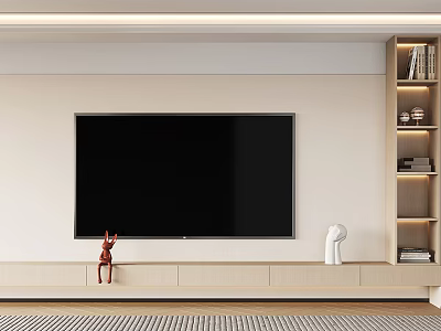 Modern TV Wall Design with Large Screen TV Light Background Side Shelves Books and Decorative Deer Figurine Sculpture 3d model