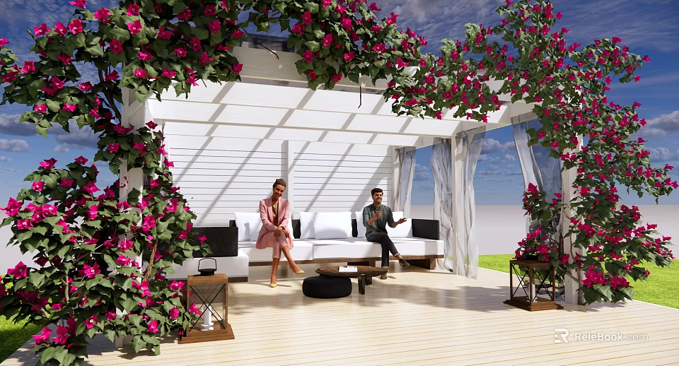 Relaxing White Pergola With Pink Flowers Outdoor Sofa And Wooden Floor 3d model 