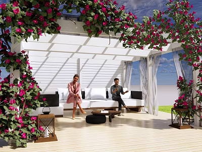 Relaxing White Pergola With Pink Flowers Outdoor Sofa And Wooden Floor 3d model