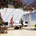 Relaxing White Pergola With Pink Flowers Outdoor Sofa And Wooden Floor
