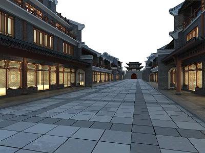 Traditional Chinese Commercial Street With Stone Paved Path Ancient Gate And Luminous Shopfronts 3d model