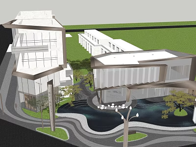 Modern Sales Office Building With Glass Facade Water Feature And Landscaped Garden 3d model