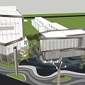 Modern Sales Office Building With Glass Facade Water Feature And Landscaped Garden
