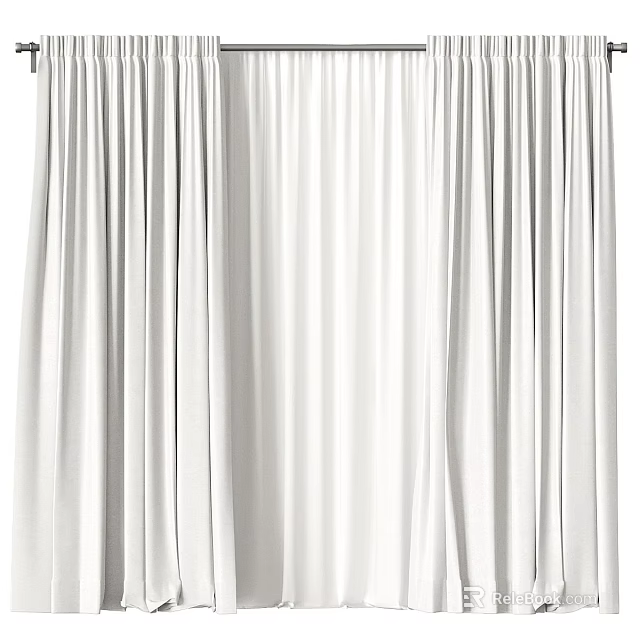 White Soft Pleated Floor Length Curtains For Elegant Home Window 3d model
