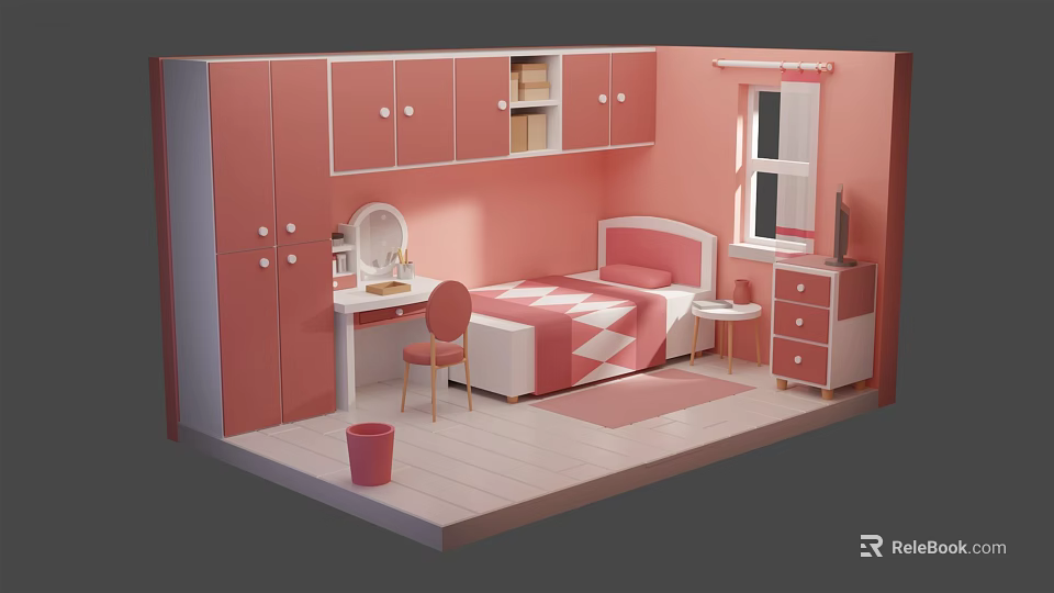 Cartoon Style Pink Bedroom Scene With Bed Desk Wardrobe And Window 3d model 