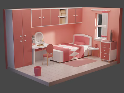 Cartoon Style Pink Bedroom Scene With Bed Desk Wardrobe And Window 3d model