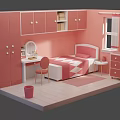 Cartoon Style Pink Bedroom Scene With Bed Desk Wardrobe And Window