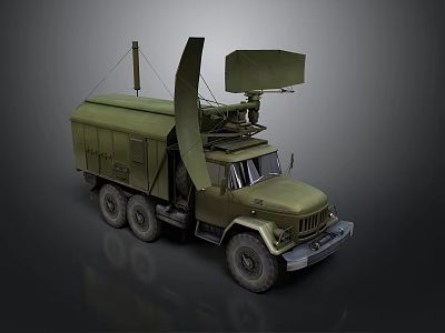 Military Green Heavy Duty Truck Equipped With Radar Antenna And Communication Gear 3d model