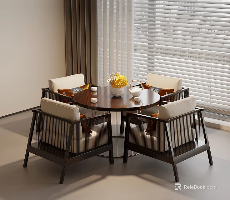 Modern Round Table And Chair Set With Woven Upholstered Seats Near Window Blinds 3d model 