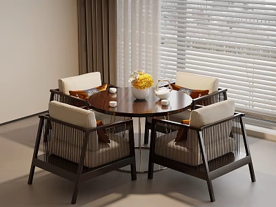 Modern Round Table And Chair Set With Woven Upholstered Seats Near Window Blinds 3d model