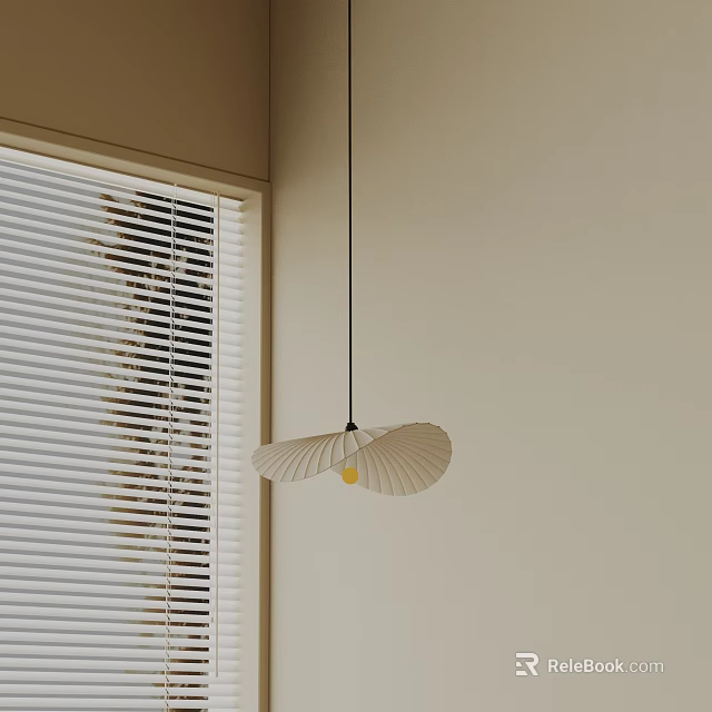 Minimalist Pendant Light With Fan Shaped Design Hanging In Room Near Window With Blinds 3d model 