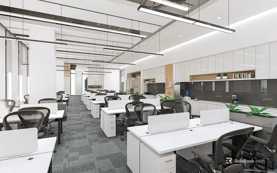 Modern Open Plan Public Office Space With Workstations Computers Ergonomic Chairs And Green Plants 3d model