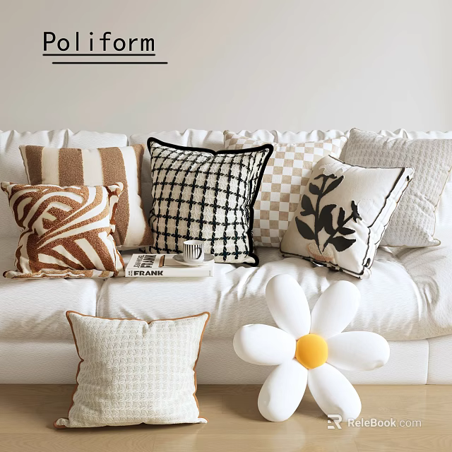 Stylish Decorative Pillows with Striped Checkered and Leaf Patterns on White Sofa 3d model 