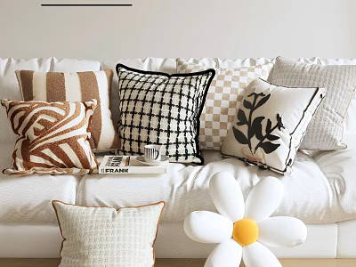 Stylish Decorative Pillows with Striped Checkered and Leaf Patterns on White Sofa 3d model