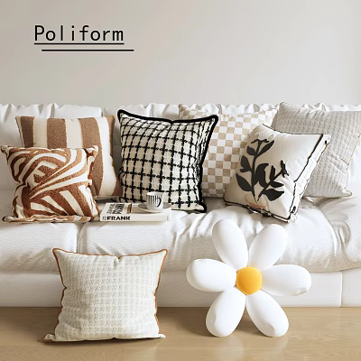 Stylish Decorative Pillows with Striped Checkered and Leaf Patterns on White Sofa 3d model