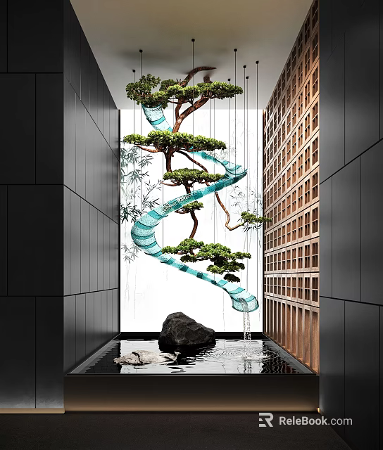 Modern Spiral Water Fountain With Hanging Pine Tree Rock And Flowing Water In Indoor Corridor 3d model 