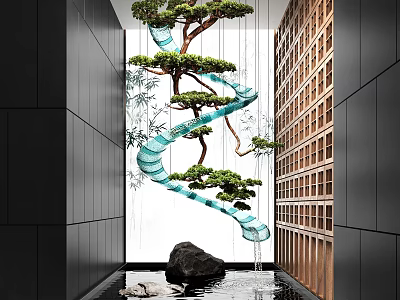Modern Spiral Water Fountain With Hanging Pine Tree Rock And Flowing Water In Indoor Corridor 3d model
