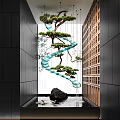 Modern Spiral Water Fountain With Hanging Pine Tree Rock And Flowing Water In Indoor Corridor
