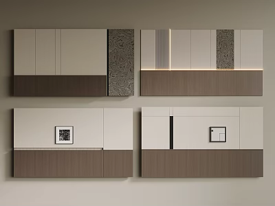 Modern Background Wall Design With Wooden Panels Textured Elements And Small Framed Decor 3d model