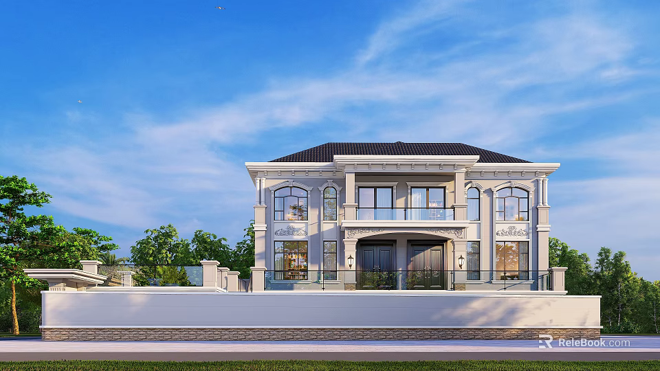 Elegant Classical Detached Villa Exterior With Balcony Large Windows And Green Trees 3d model 