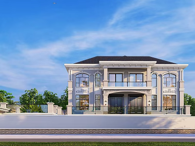 Elegant Classical Detached Villa Exterior With Balcony Large Windows And Green Trees 3d model
