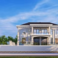 Elegant Classical Detached Villa Exterior With Balcony Large Windows And Green Trees