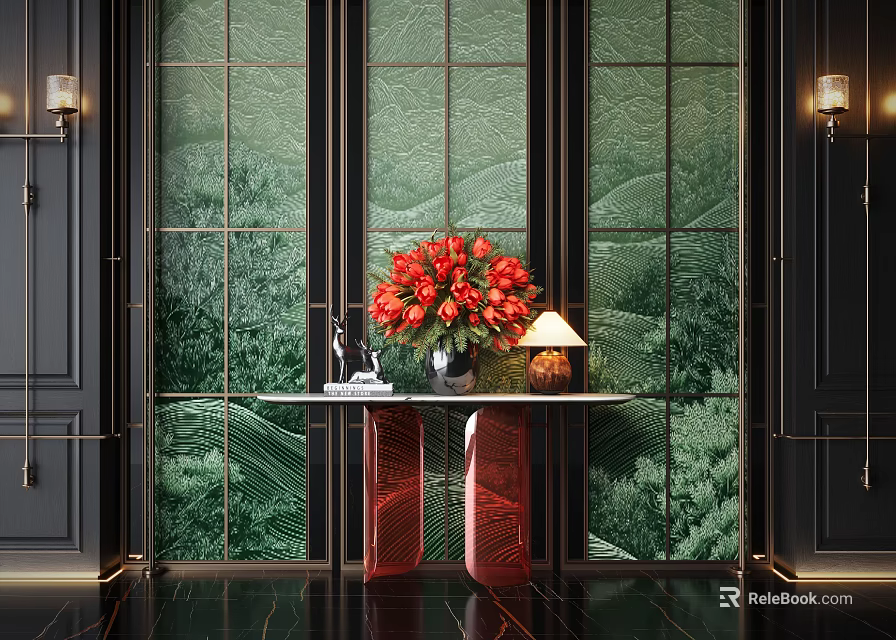 Entryway Console Table with Red Flower Bouquet Lamp Against Green Glass Screen and Black Doors 3d model 