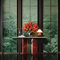 Entryway Console Table with Red Flower Bouquet Lamp Against Green Glass Screen and Black Doors