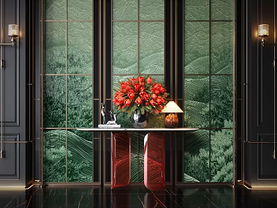 Entryway Console Table with Red Flower Bouquet Lamp Against Green Glass Screen and Black Doors 3d model
