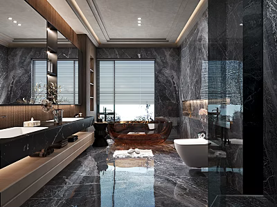 Elegant Modern Bathroom Interior With Marble Walls Bathtub And Double Vanity 3d model