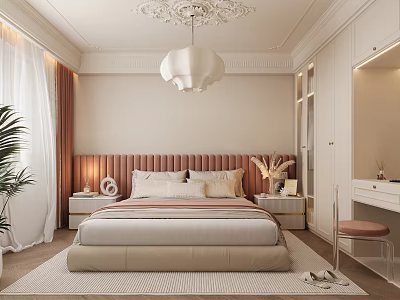 Cozy Elegant Modern Bedroom Interior With Pink Upholstered Headboard Chandelier And Nightstands 3d model
