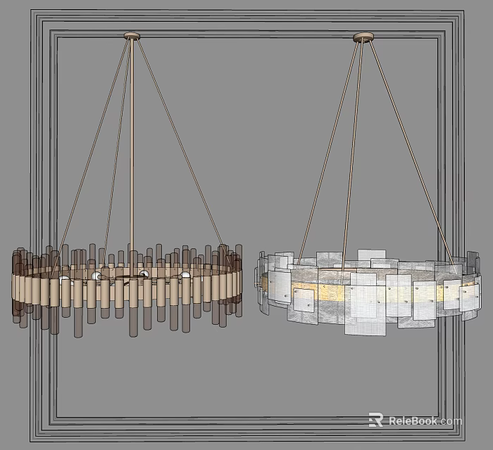 Modern Circular Chandeliers With Wooden Strips And Glass Block Design Elements 3d model