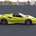 Yellow Convertible Sports Car In Outdoor Setting With Glass Building And Trees