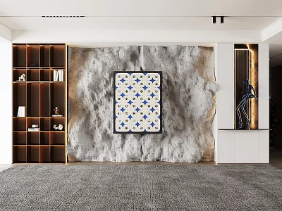 Modern Textured Sofa Background Wall With Artwork And Shelves 3d model