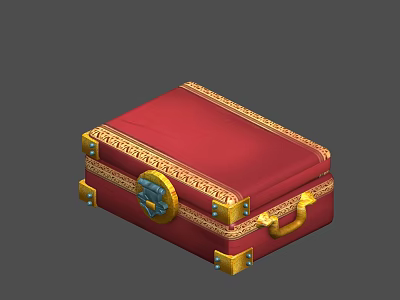 Vintage Red Storage Trunk With Decorative Golden Patterns Antique Lock And Brass Handle 3d model