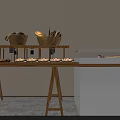 Bakery Display Shelves With Woven Baskets And Fresh Bread On Wooden Counter