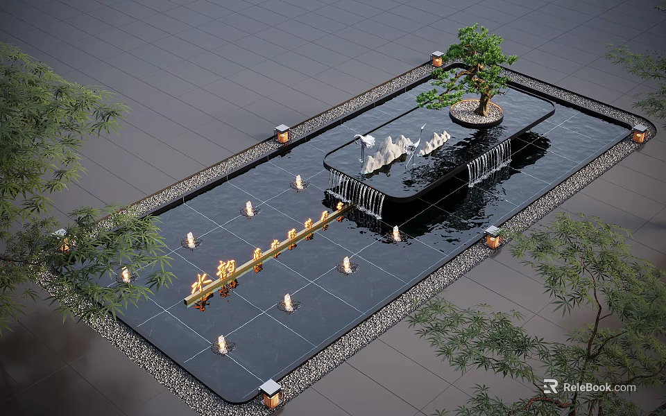 Outdoor Modern Water Fountain With Rock Formations Small Tree And Ambient Lighting 3d model 
