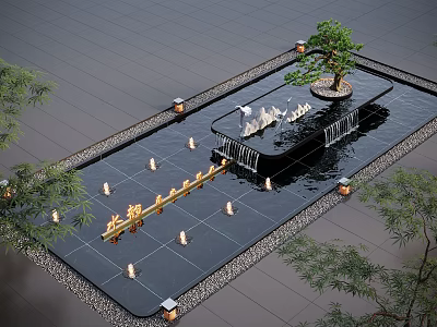 Outdoor Modern Water Fountain With Rock Formations Small Tree And Ambient Lighting 3d model